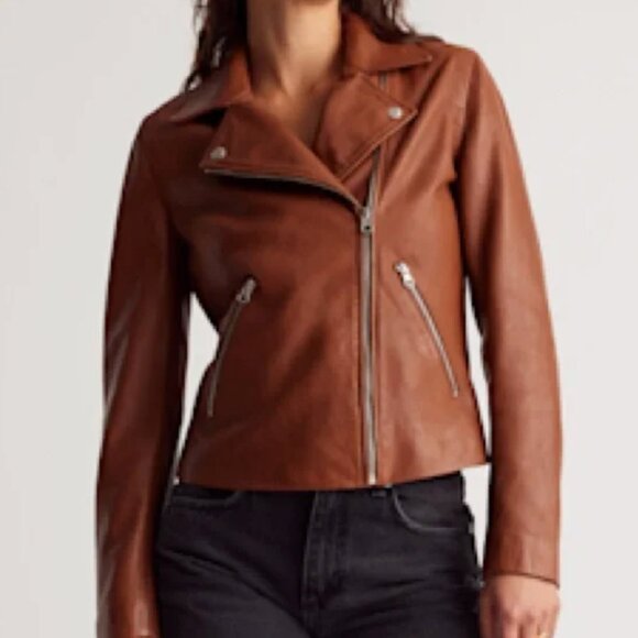 Quince 100% Leather Biker Jacket Size Small Dark Cognac - Picture 2 of 2